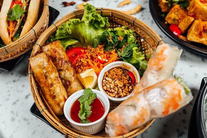 one of vietnamese dishes: egg rolls and spring rolls